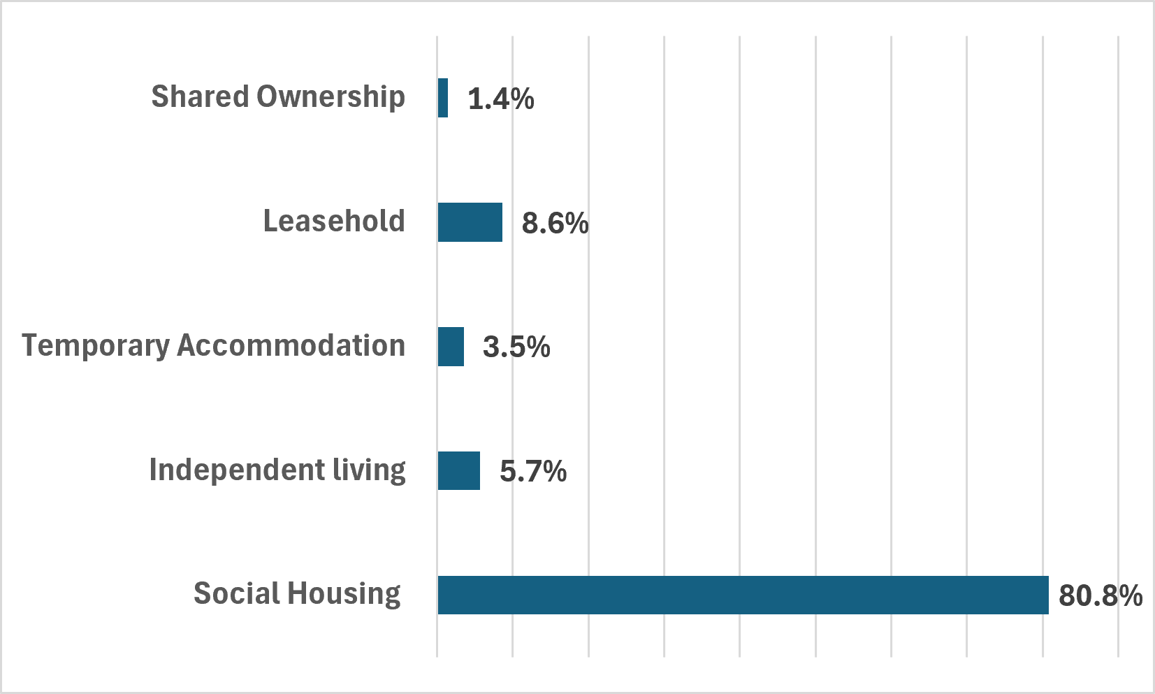 This graph shows the percentage split of housing types in the Council's housing portfolio. 80.8% are Social Housing, 5.7% are Independent Living, 3.5% are Temporary Accommodation, 8.6% are Leasehold properties and 1.4% are shared ownership.